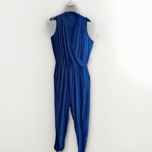 Zara Basic Navy Blue Wrap Jumpsuit Crossover Sleeveless Size XS - Picture 1 of 13